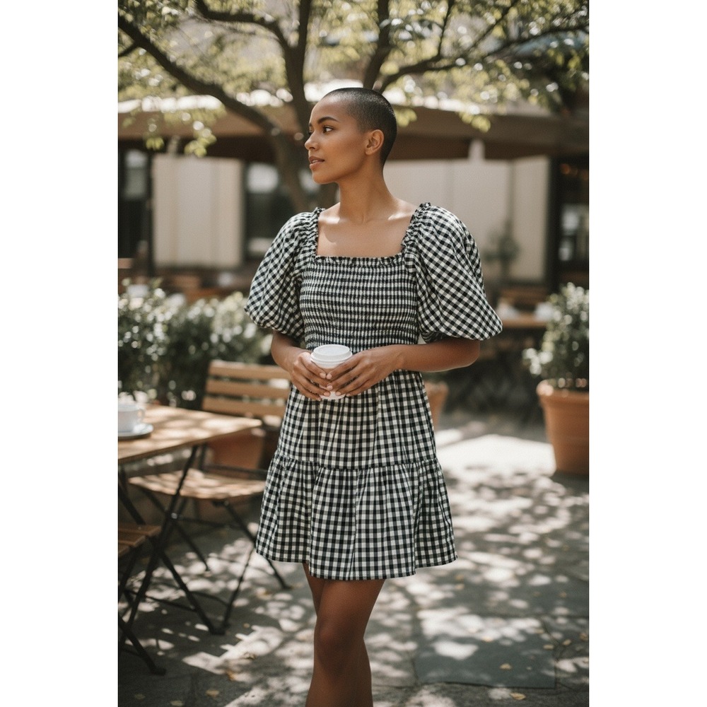 SELF CONTRAST Black White Gingham Puff Sleeve  Smocked Tiered Mini Dress‎ Small